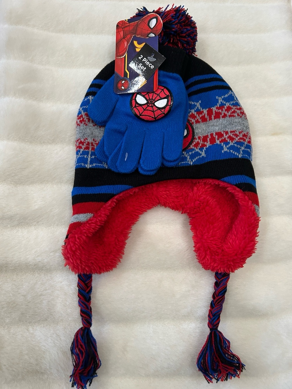 Spider Man Kids Blue and Red Spider-Accent Winter Hat & Gloves Set